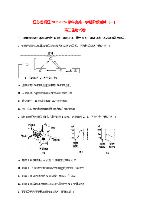 江苏省靖江高级中学2023-2024学年高二第一学期阶段测试(一)生物试题(word版含解析)