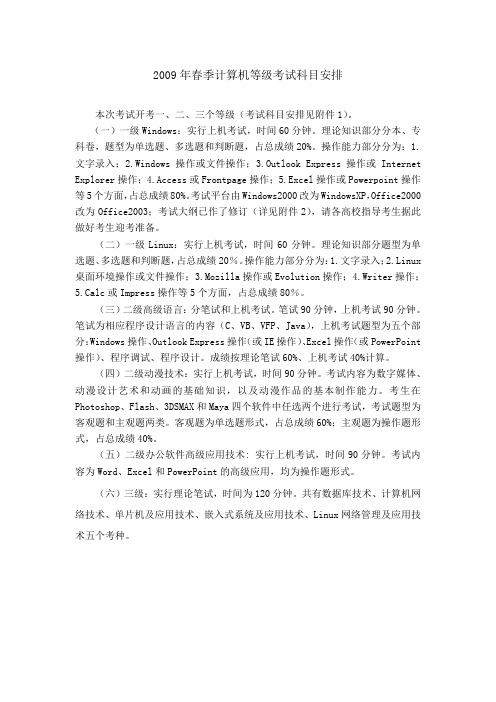2009年春季计算机等级考试科目安排 本次考试开考一、二、三个等级 ...