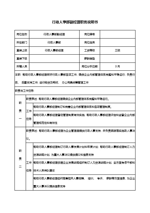 医药企业行政人事部副经理职务说明书
