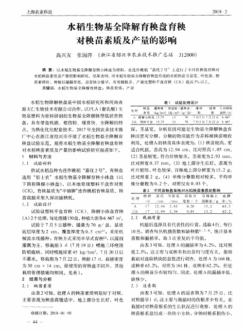 水稻生物基全降解育秧盘育秧对秧苗素质及产量的影响