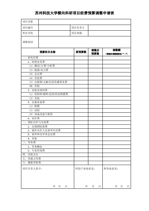 苏州科技大学横向科研项目经费预算调整申请表+(老版)