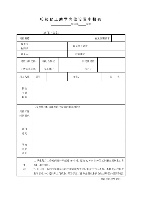 校级勤工助学岗位设置申报表