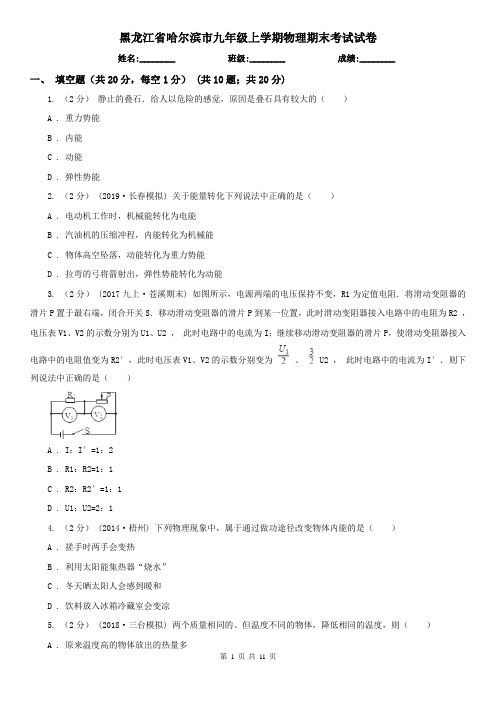 黑龙江省哈尔滨市九年级上学期物理期末考试试卷
