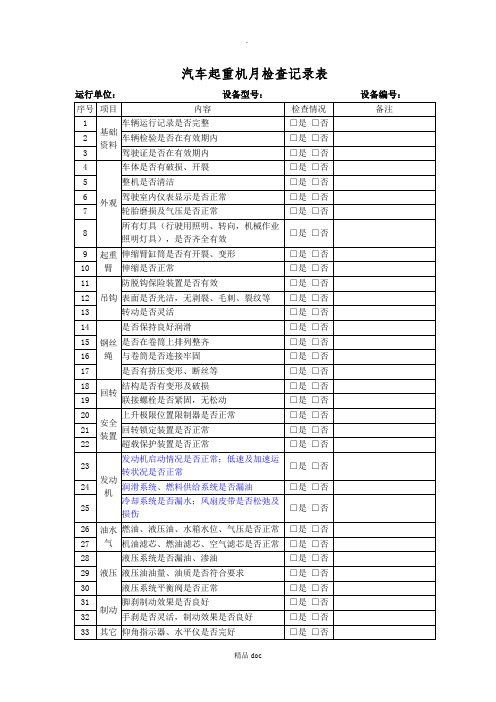 汽车起重机检查记录表(月检)推荐WORD范文