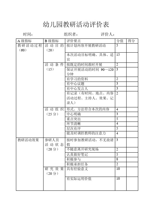 幼儿园教研活动评价表