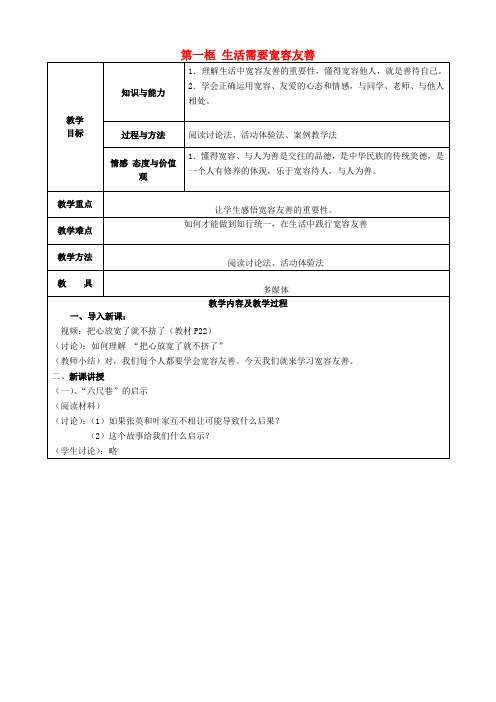 七年级政治上册《第七课 第一框 生活需要宽容友善》教案 苏教版
