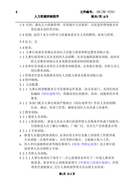 GM(JM)-0204人力资源控制程序