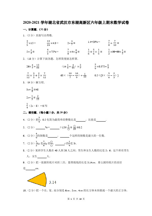 2020-2021学年湖北省武汉市东湖高新区六年级上期末数学试卷及答案