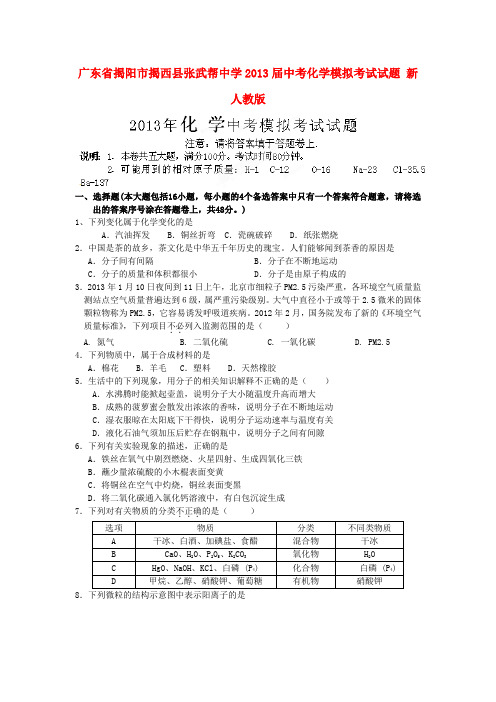 广东省揭阳市揭西县张武帮中学中考化学模拟考试试题 新人教版