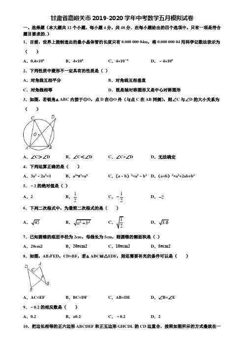 甘肃省嘉峪关市2019-2020学年中考数学五月模拟试卷含解析