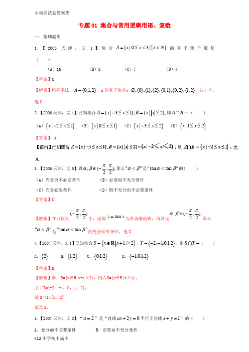 【配套K12】天津专用2018版高考数学总复习专题01集合与常用逻辑用语复数分项练习含解析文