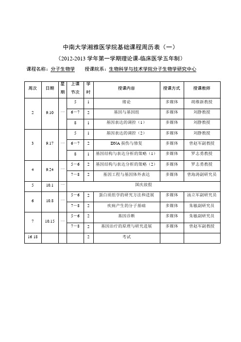 《医学分子生物学》教学日历