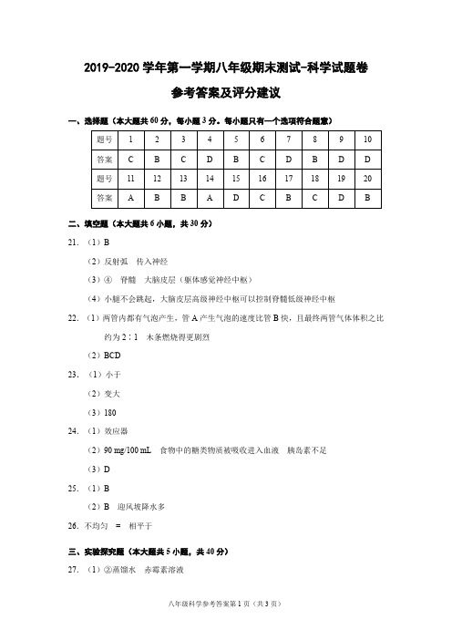 (杭州)2019-2020学年第一学期八年级期末测试-科学试题卷参考答案及评分建议