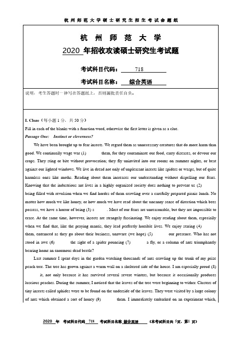 杭州师范大学2020年《718综合英语》考研专业课真题试卷