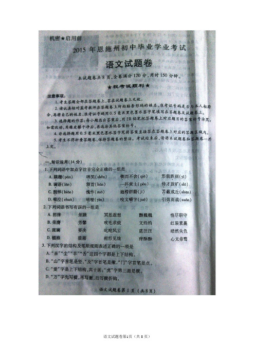 湖北省恩施州2015年中考试题语文(扫描版,有答案)