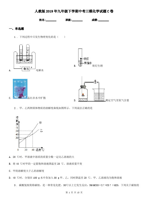 人教版2019年九年级下学期中考三模化学试题C卷(模拟)