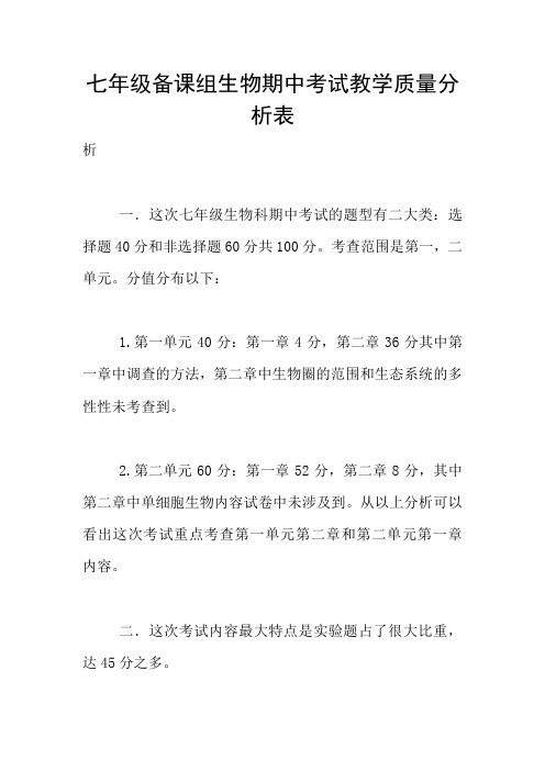 七年级备课组生物期中考试教学质量分析表