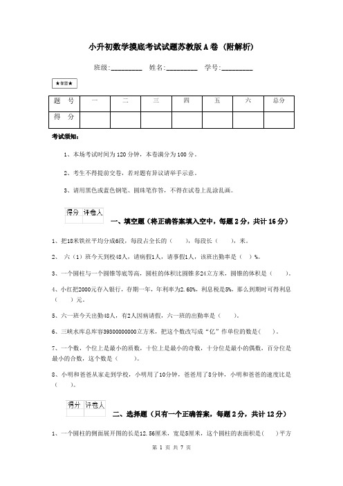 小升初数学摸底考试试题苏教版A卷 (附解析)