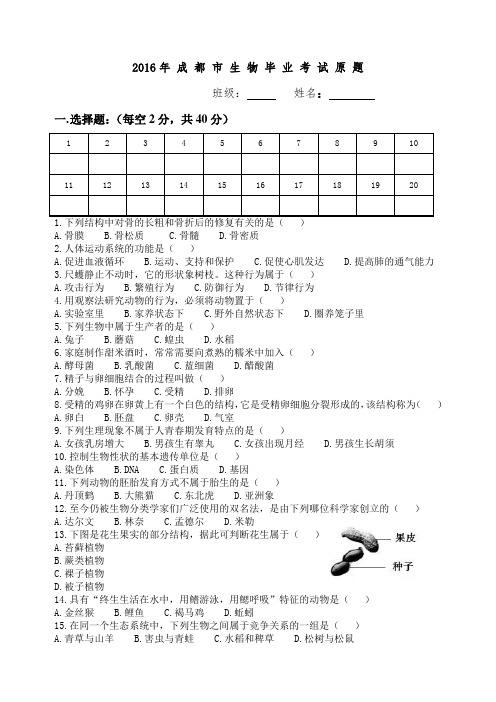 2016年成都市毕业考试样题及答案