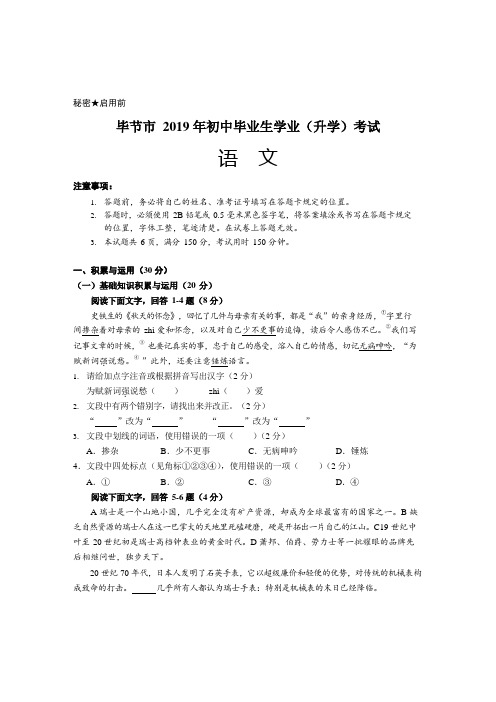 【中考真题】贵州省毕节市 2019 年初中毕业生升学语文考试卷