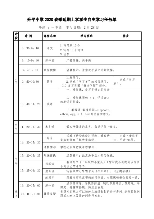 2月28日学生自主学习任务单(2)年级汇总表一年级