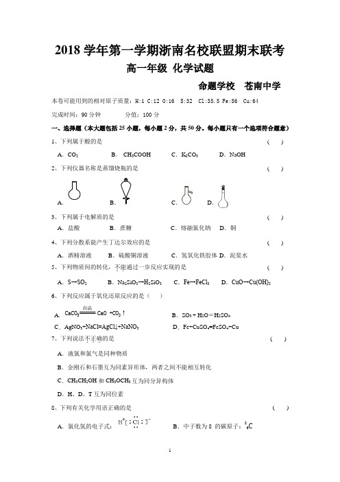 浙江省浙南联盟(温州九校)2018-2019学年高一上学期期末联考化学试题 Word版含答案