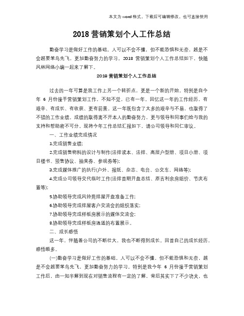 2018营销策划个人工作总结模板学习