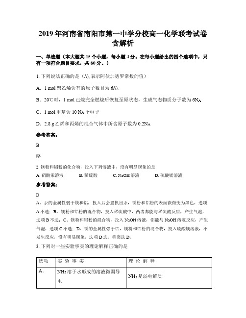 2019年河南省南阳市第一中学分校高一化学联考试卷含解析