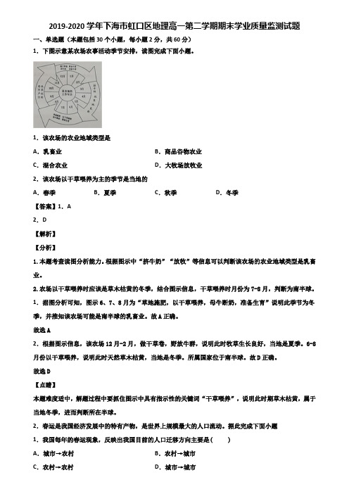 2019-2020学年上海市虹口区地理高一第二学期期末学业质量监测试题含解析