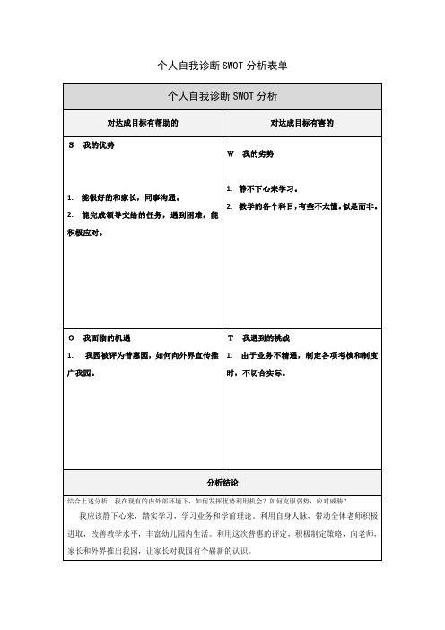 个人自我诊断SWOT分析表单