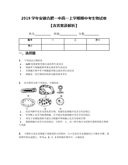2019学年安徽合肥一中高一上学期期中考生物试卷【含答案及解析】