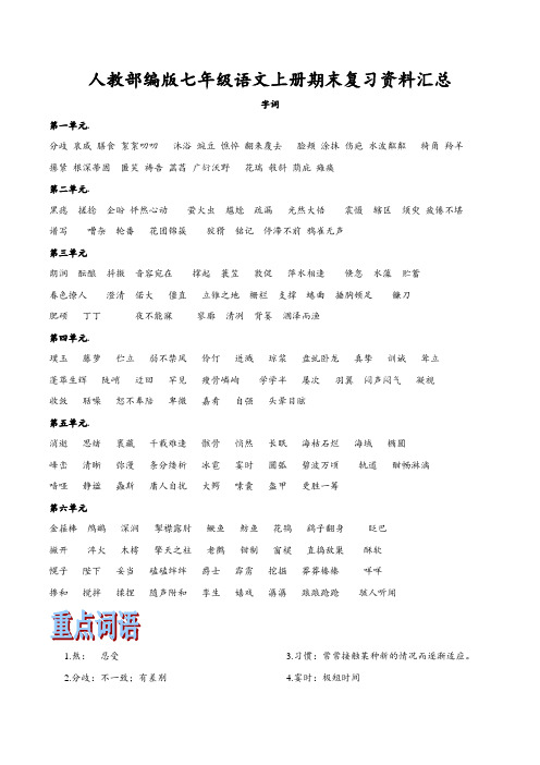人教部编版七年级语文上册期末复习资料汇总