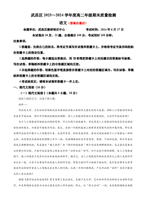 湖北省武汉市武昌区2023-2024学年高二下学期期末考试语文试题含答案