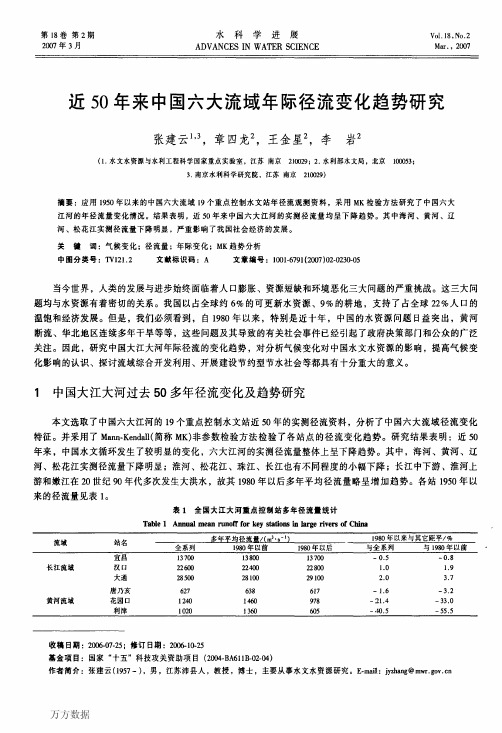 近50年来中国六大流域年际径流变化趋势研究