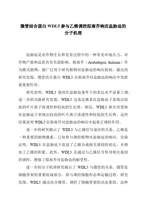 微管结合蛋白WDL5参与乙烯调控拟南芥响应盐胁迫的分子机理