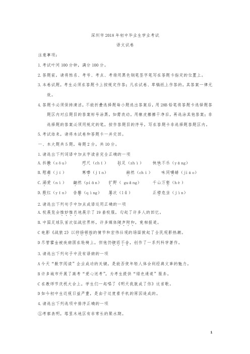 广东省深圳市2018年中考语文试题及答案解析