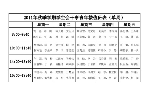 2011秋季学期干事值班表(终稿)