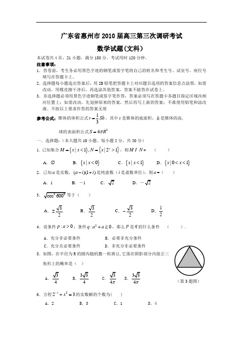 广东惠州2010届高三第三次调研考试数学文doc下载