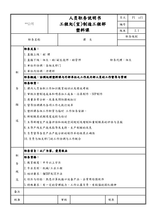 制造工程部塑料课课长职务说明书