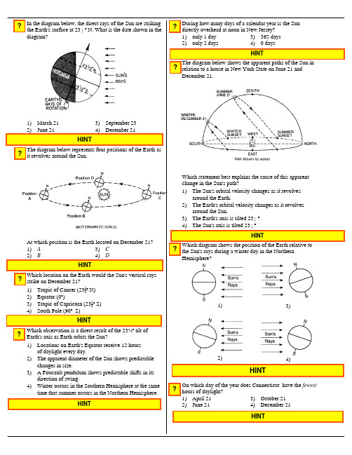 1 In the diagram below, the direct rays of the Sun are