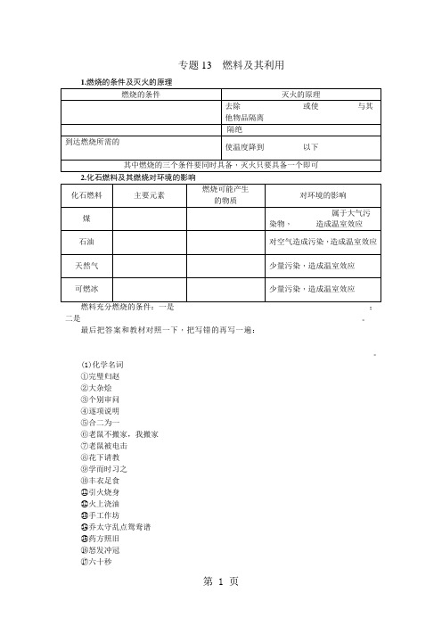 中考化学基础知识梳理：专题13 燃料及其利用