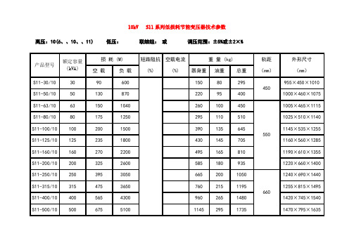 kv变压器技术参数表