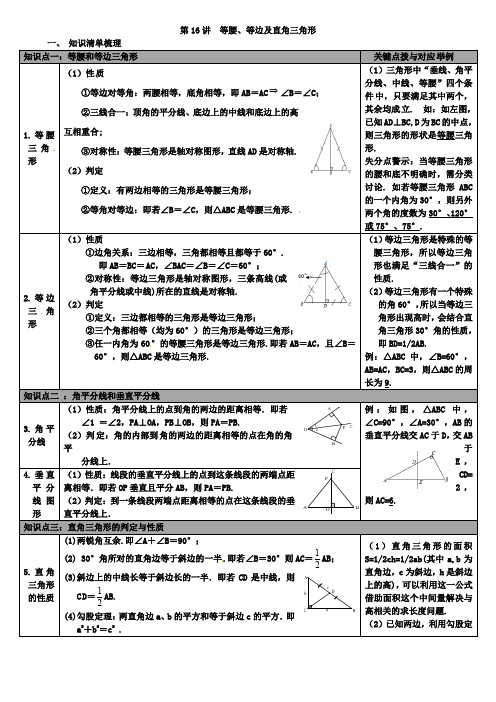 2019届冀教版中考《第16讲等腰、等边及直角三角形》知识梳理
