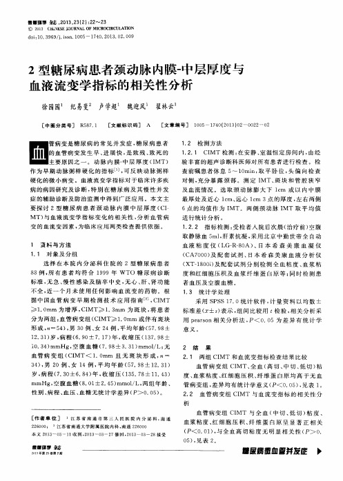 2型糖尿病患者颈动脉内膜-中层厚度与血液流变学指标的相关性分析