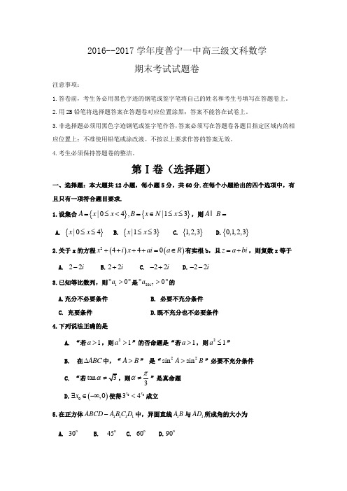 广东省普宁市第一中学2017届高三上学期期末考试数学(文)试题Word版含答案