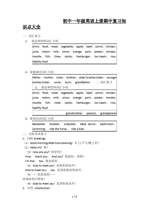 初中一年级英语上册期中复习知识点大全