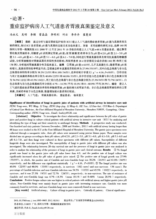重症监护病房人工气道患者胃液真菌鉴定及意义
