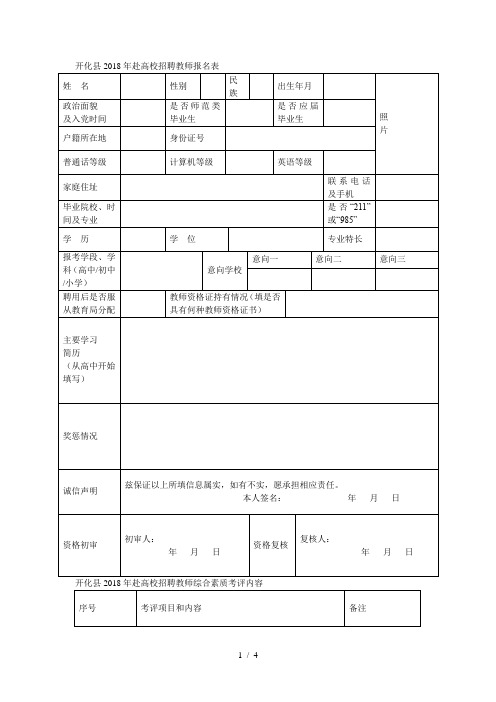 开化县2018年赴高校招聘教师报名表