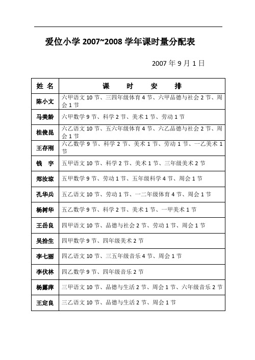 爱位小学2007课时量分配表