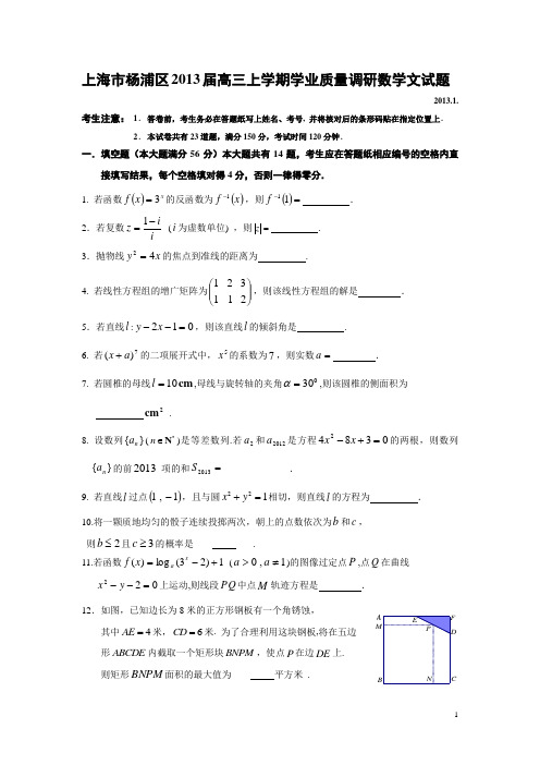 上海市杨浦区2013届高三上学期学业质量调研数学文试题